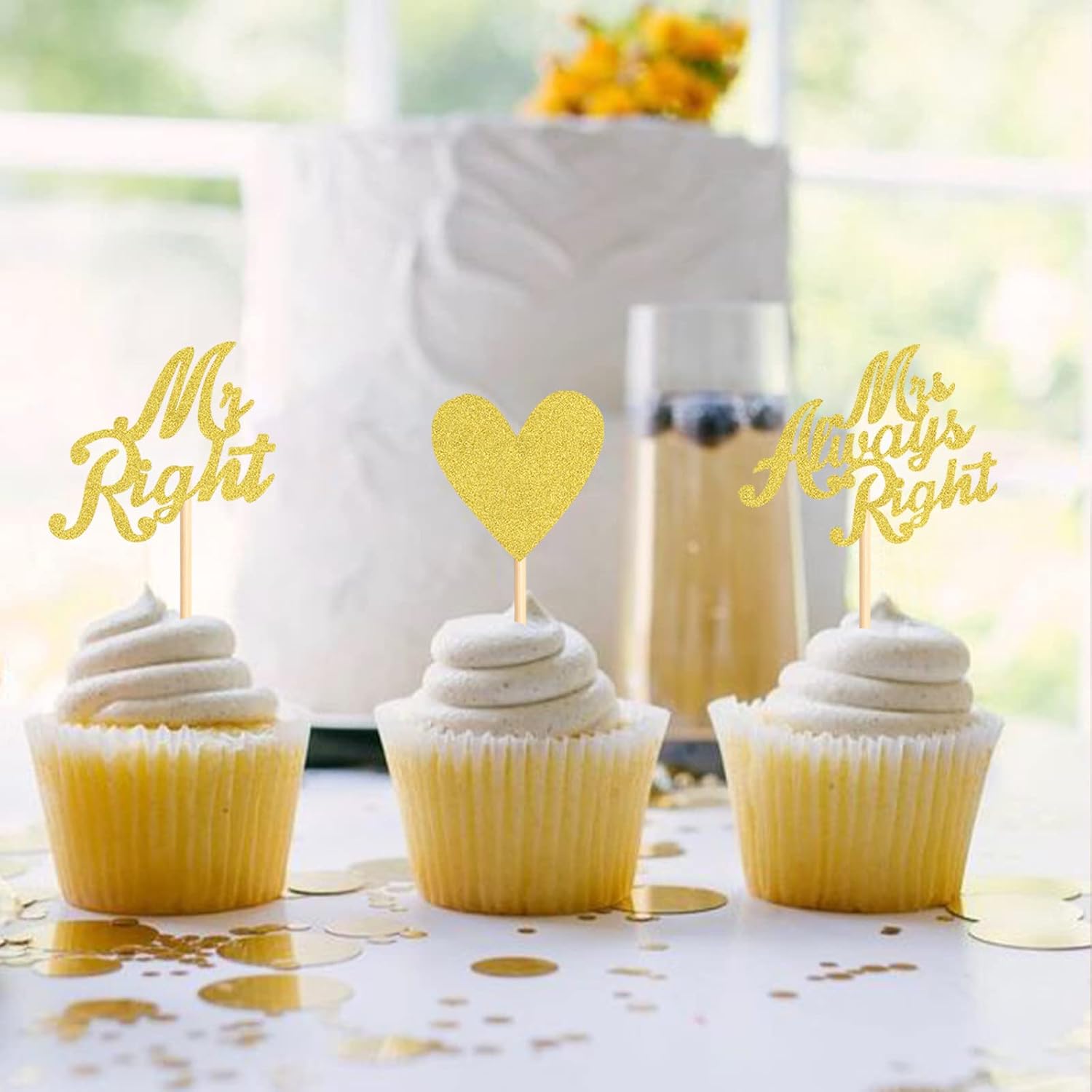 Paquete de 24 adornos para cupcakes Mr Right Mrs Always Right, diseño de corazón para despedida de soltera, bodas, compromisos, cumpleaños,