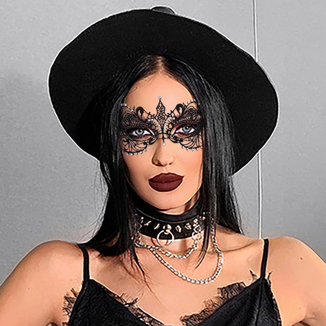 Tgirls Máscara de encaje para mujer, con diamantes de imitación, sexy, máscara facial de encaje, máscara de ojos de Halloween (negro)