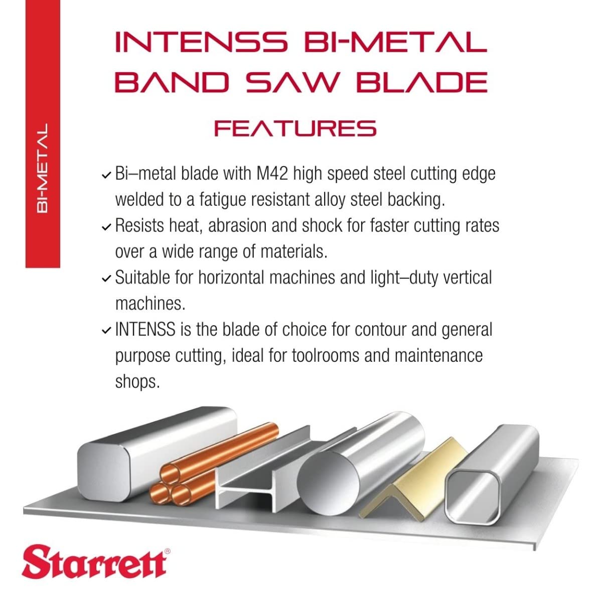 Starrett Intenss hoja para sierra de banda profesional, bimetal, dientes Intenss, juego triscado, ángulo de cara de corte neutral., 1