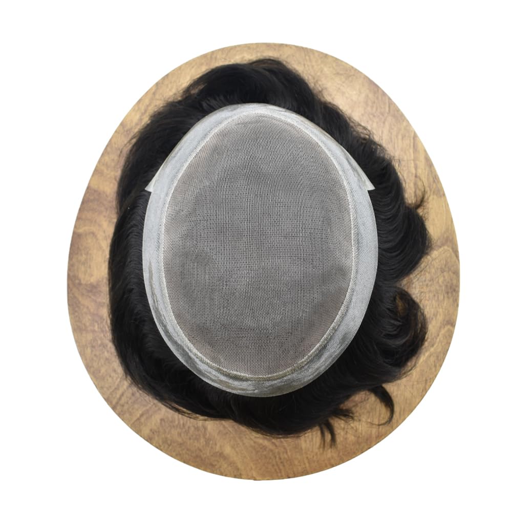 Toupee – Pieza de pelo para hombre, con revestimiento de poliéster fino, pelo humano real, tupé, 100% atado a mano, sistema de reemplazo de cabello