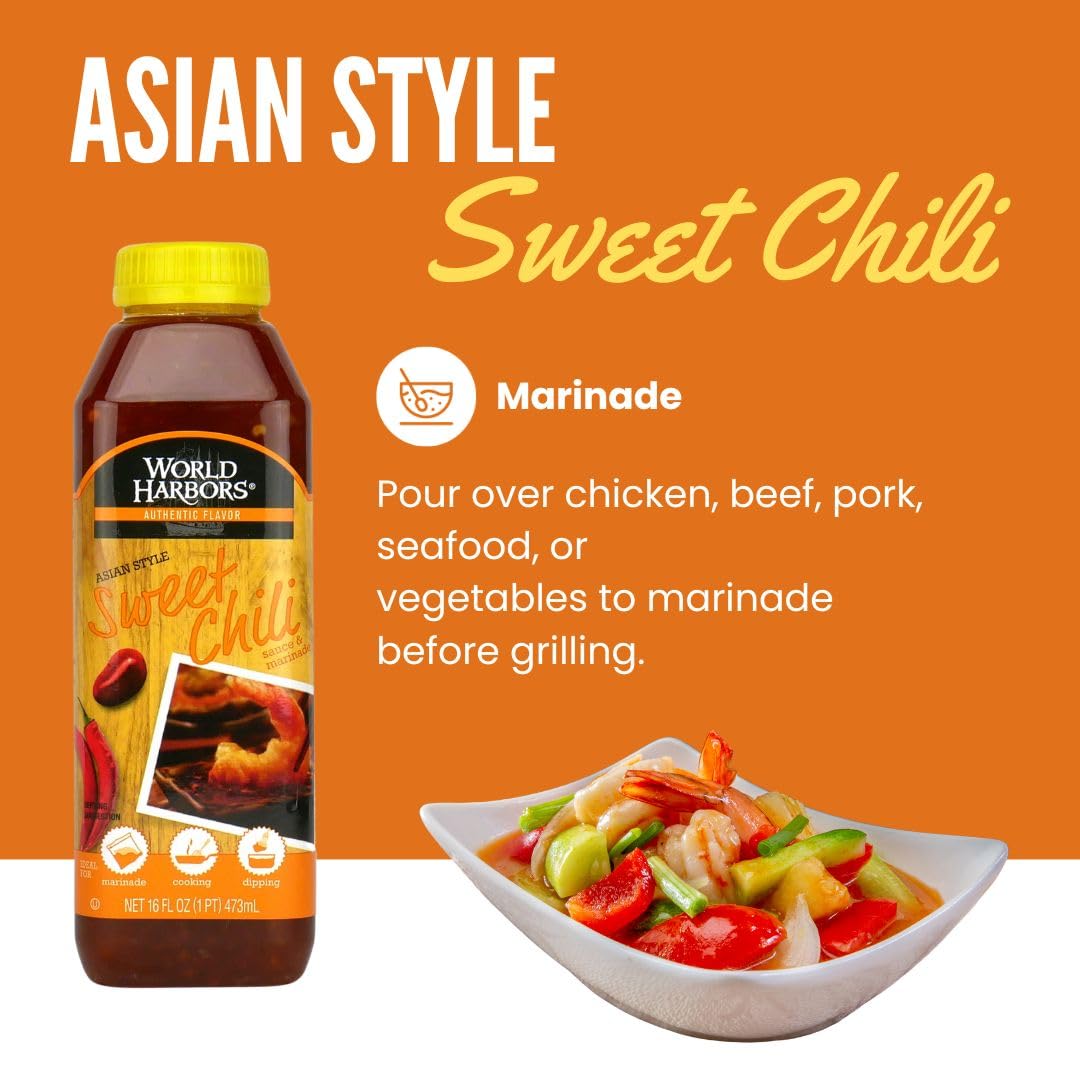 World Harbors Salsa de chile dulce y adobo – Salsa de chile dulce tailandés, ideal para alitas de pollo, mariscos, carnes a la parrilla, ensaladas,