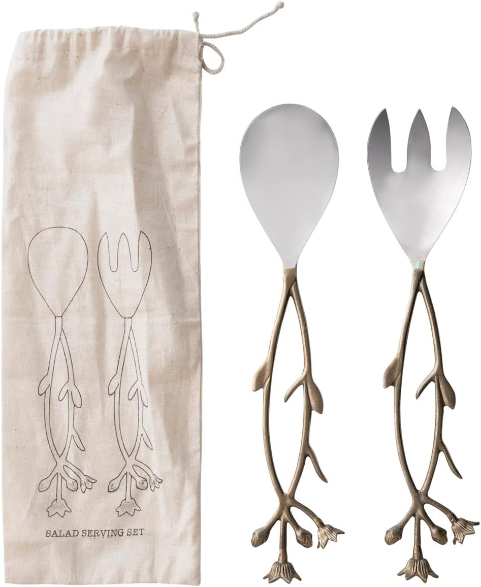 Creative Co-Op Acero inoxidable y latón, juego de 2 servidores de ensalada, 12 pulgadas de largo x 3 pulgadas de ancho x 0 pulgadas de alto, dorado