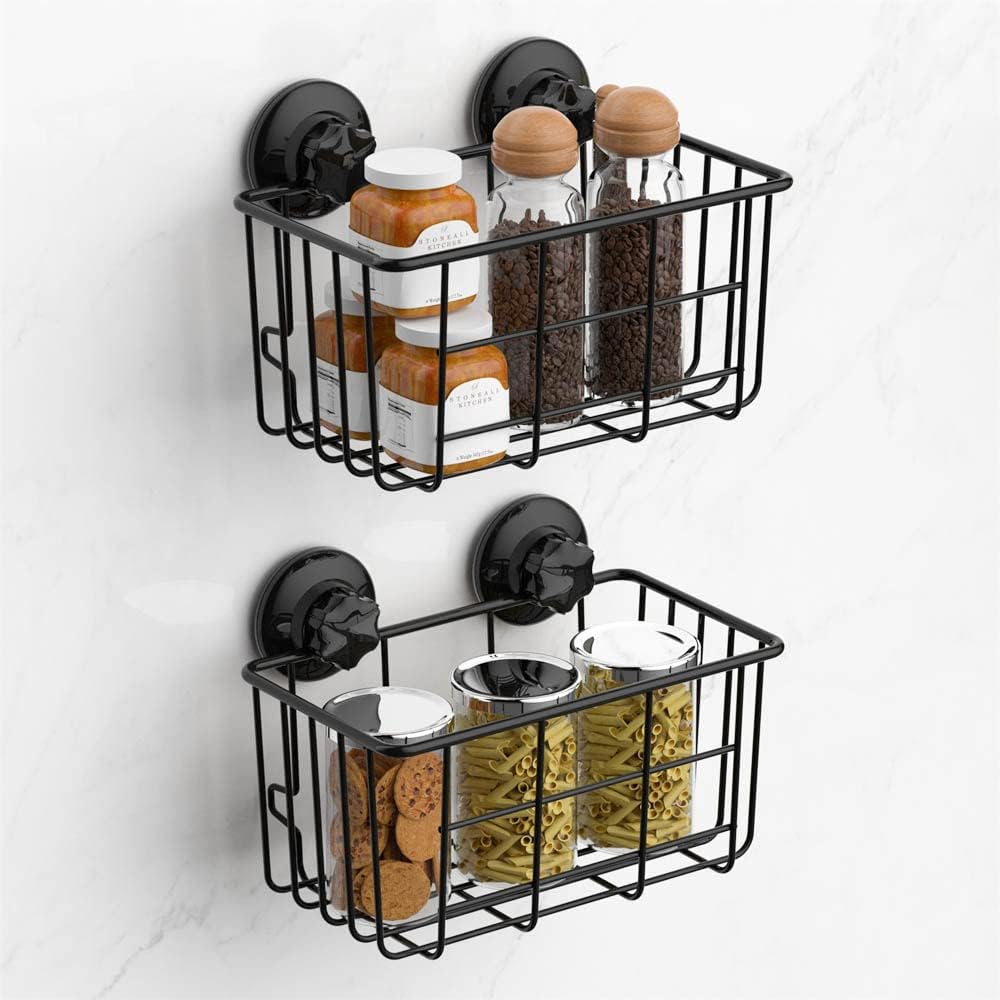 SANNO Cesta de ducha con ventosa para champú, organizador combinado de baño, soporte de acero inoxidable para almacenamiento de baño, color negro