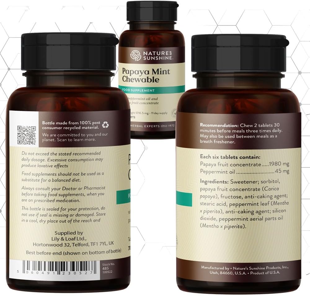 Nature’s Sunshine Papaya Mint, 70 tabletas masticables  Mentas naturales con potente papaína que ayuda a digerir las proteínas y proporciona alivio