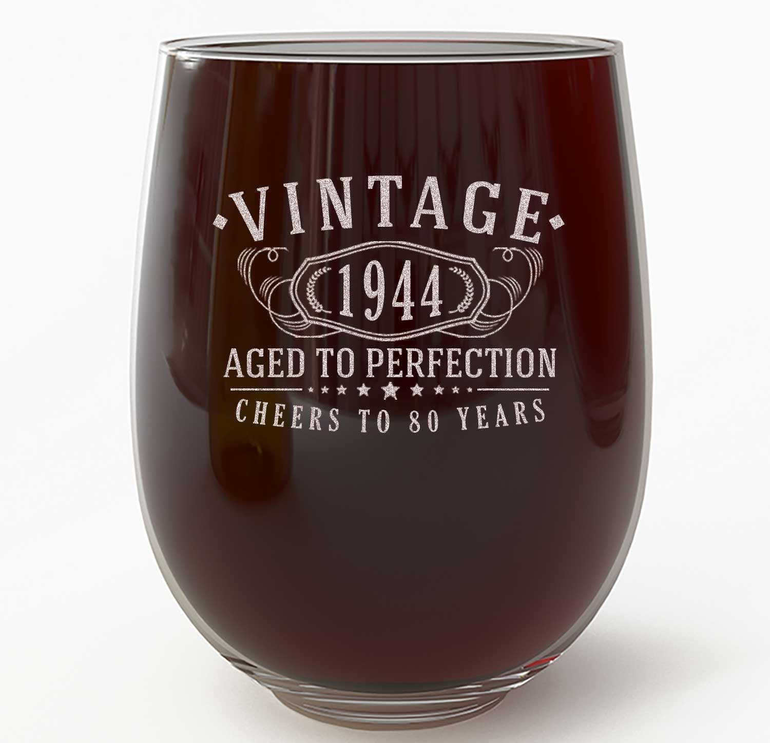 Copa de vino grabada vintage de 17 onzas sin tallo de 17 onzas  Regalos de feliz cumpleaños 80 para mujeres y hombres, saludos a cumplir 80 años,