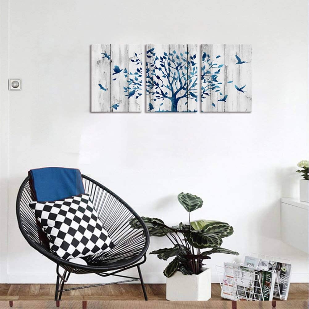 WELMECO 3 piezas rústicas de árbol azul con pájaros, textura de madera rústica, impresiones giclée, estiradas listas para colgar, para sala de