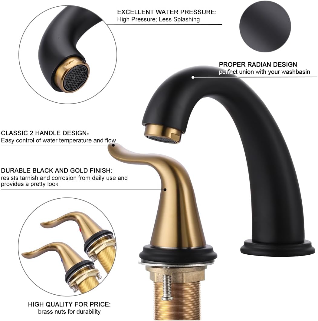 WOWOW Grifo de baño generalizado negro y dorado, grifo de lavabo de 3 agujeros, grifo de lavabo de 2 manijas, grifo mezclador de 8 pulgadas con