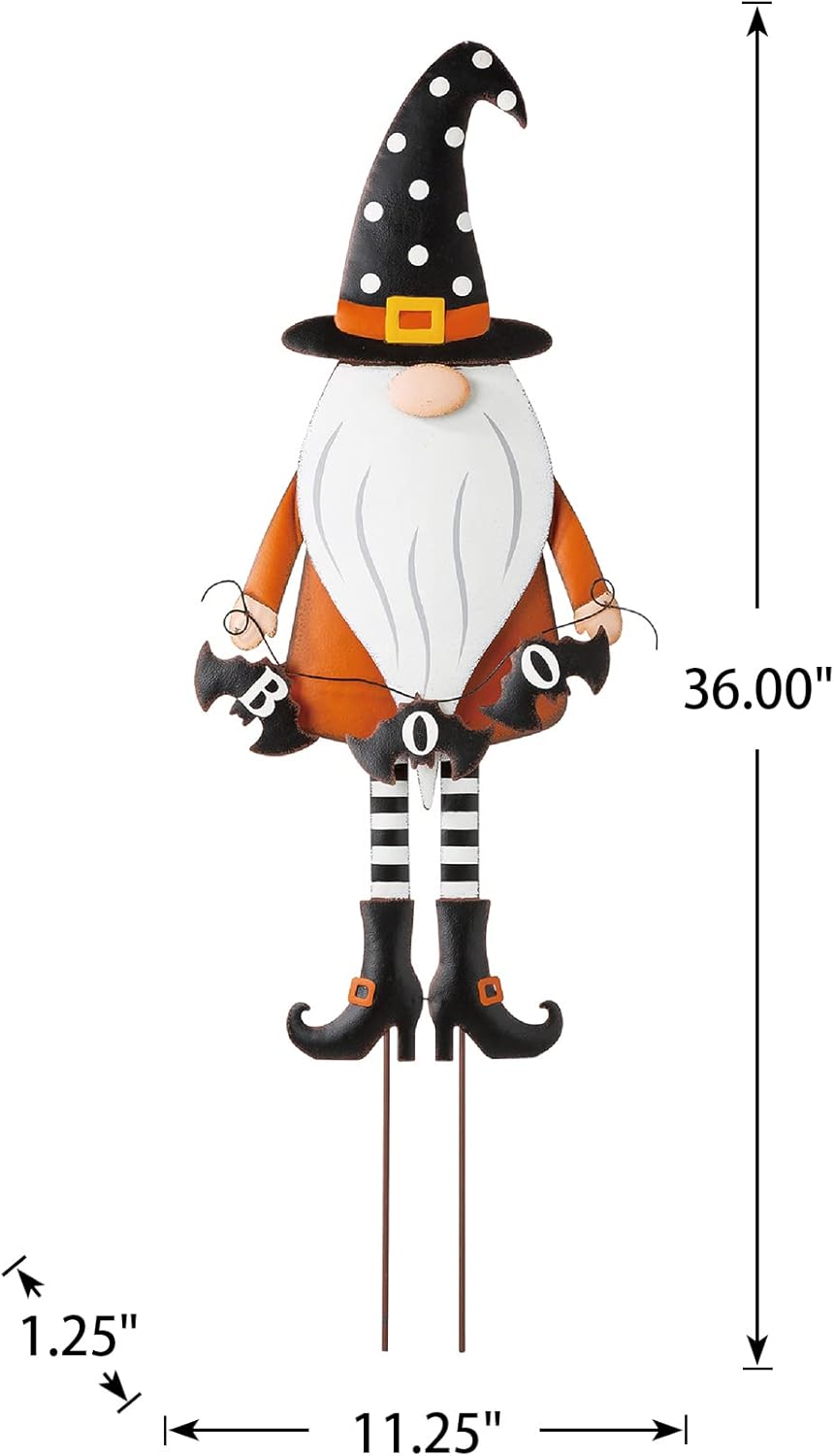 Glitzhome Letrero de metal con estacas de gnomo de Halloween, decoración para colgar en la pared, 32 pulgadas de alto, naranja
