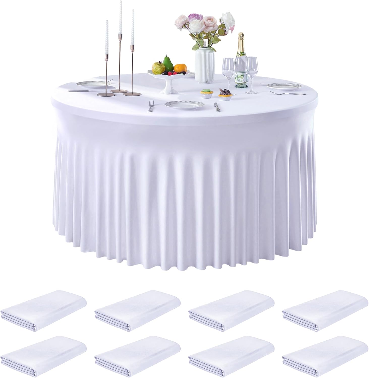 Paquete de 8 manteles de elastano blanco para mesa redonda de 72 pulgadas, manteles ajustables de 132 pulgadas para fiesta de boda, mantel de