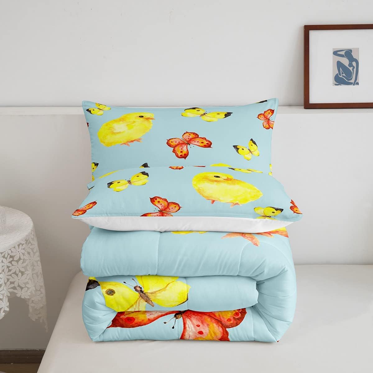 Erosebridal Lindo juego de edredón de pollo dorado para niños y niñas, juego de ropa de cama de mariposas de acuarela, relleno de edredón de pollo
