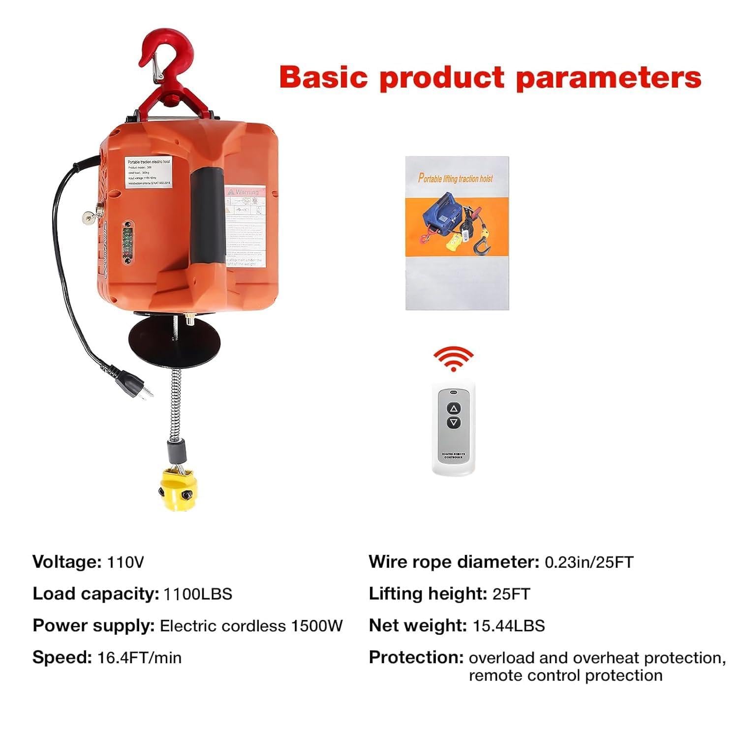 Vivrhintty – Cabrestante eléctrico 3 en 1, 1100 libras con cable y control remoto inalámbrico, elevador eléctrico portátil de 110 V y 25 pies,