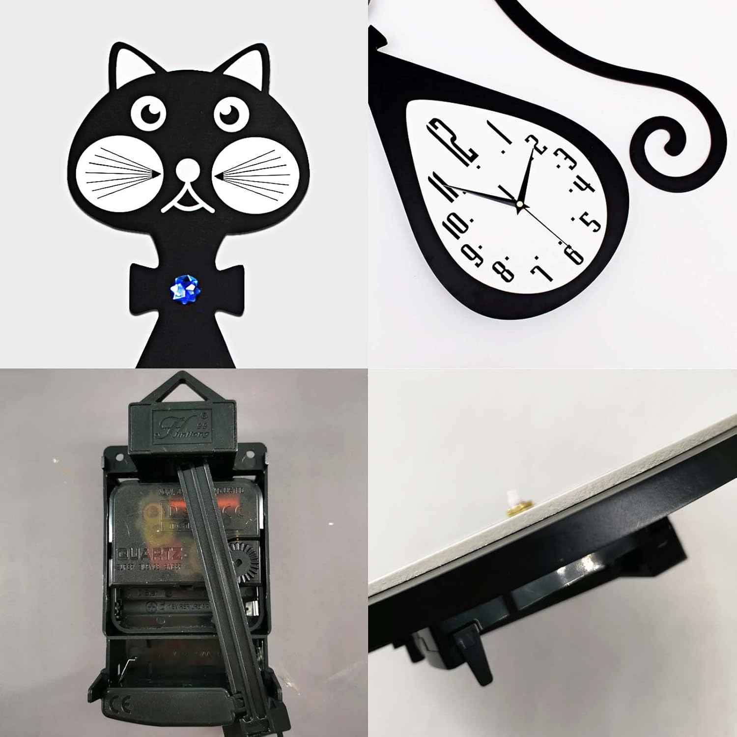 Reloj de pared con péndulo para decoración de gatos, funciona con pilas, reloj de gato negro silencioso con cola giratoria, reloj grande de madera
