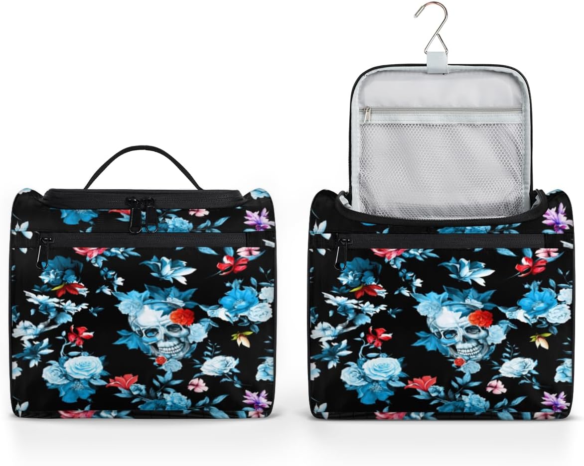 Skull Day Of The Dead Toiletry Bag for Women Travel Makeup Organizer with Hanging Hook Traveling Cosmetic Bags for Toiletries Accessories