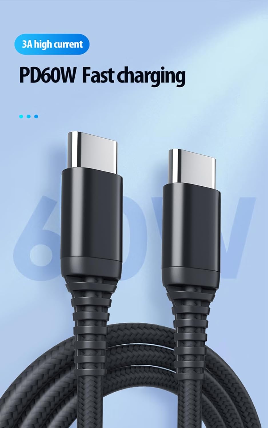 Paquete de 5 cables USB tipo C a C 6 pies, carga rápida de 3.0 A  USB tipo C a tipo C de 60 W PD de carga rápida cables trenzados de nailon