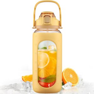 BLUEGO Botella de agua de vidrio de 64 onzas, botella de agua motivacional con marcador de tiempo y pajilla, botella de agua de boca ancha de medio BLUEGO Botella de agua de vidrio de 64 onzas, botella de agua motivacional con marcador de tiempo y pajilla, botella de agua de boca ancha de medio