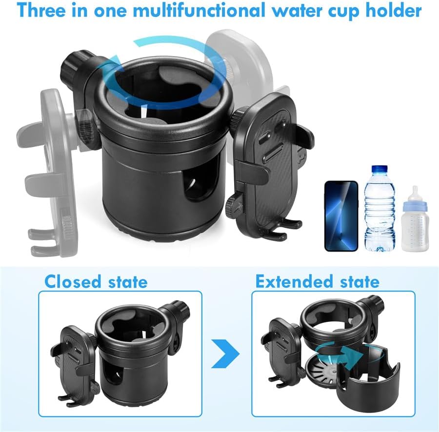 Portavasos para cochecito con soporte para teléfono, abrazadera giratoria de 360 grados para botella de agua, soporte universal 3 en 1 para