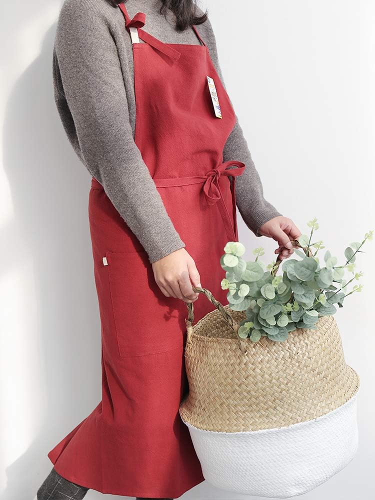 Delantal de cocina de lino con bolsillo grande, 9 colores