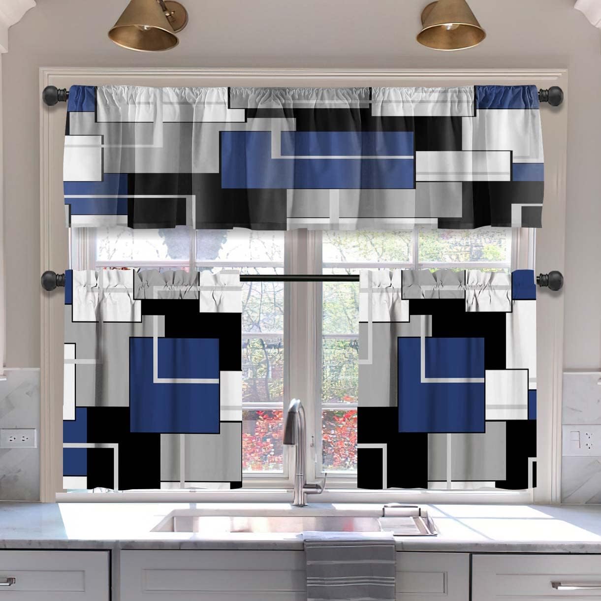 MCALK Juego de cortinas de cocina azul marino, 3 piezas para ventanas, arte geométrico moderno, juego de cortinas de ventana de cocina, cenefas