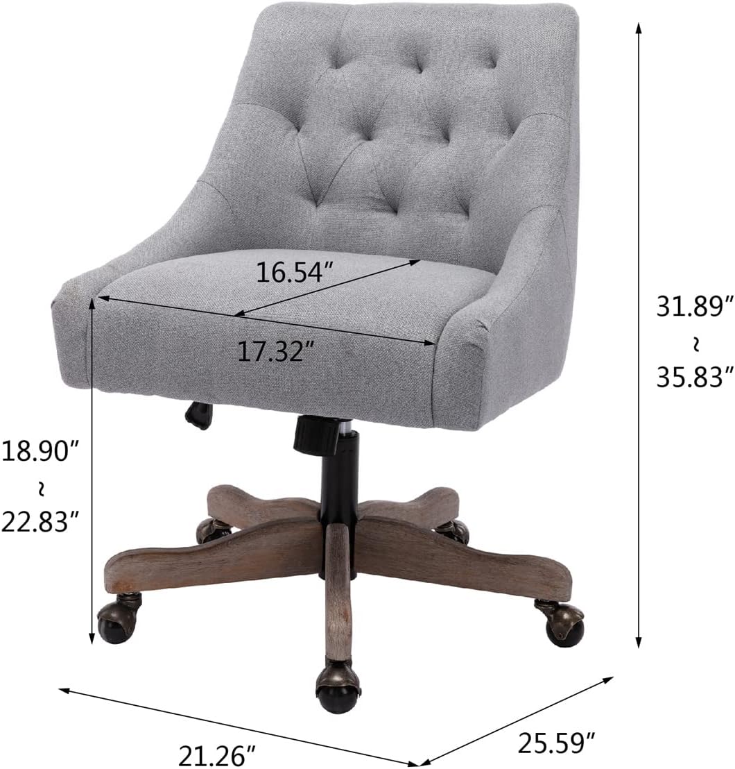 TURRIDU Silla de oficina giratoria, moderna silla giratoria tapizada de lino copetudo con base de madera y ruedas, silla de trabajo ajustable en