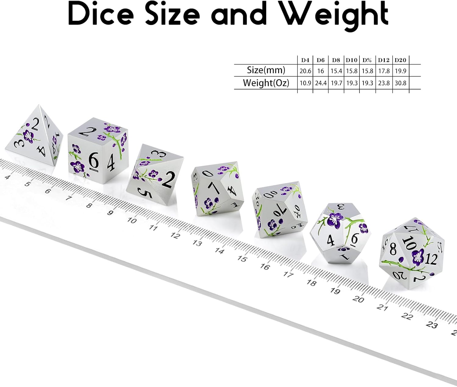 DNDND – Juego de 7 dados metálicos metálicos pesados con estuche de regalo para juego de mesa de Calabozos y Dragones (plata mate con flor morada)