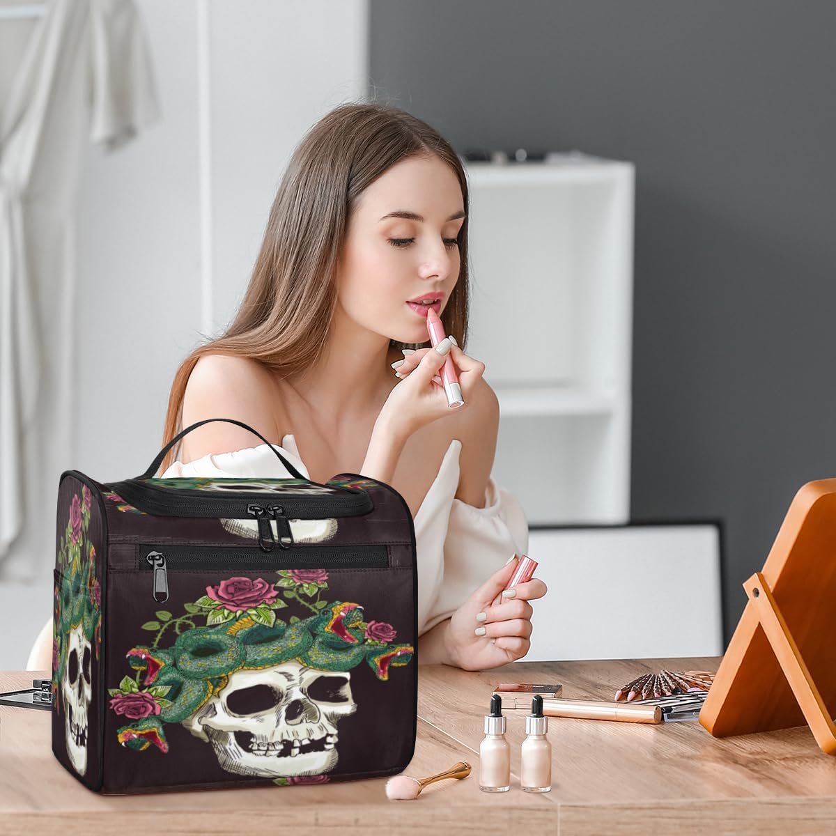 Neceser de Halloween con diseño de calaveras de azúcar para mujer, organizador de maquillaje de viaje con gancho para colgar, bolsas de cosméticos