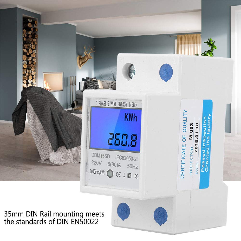 Medidor electrónico KWh, medidor de energía DDM15SD de 5-80A, medidor de energía monofásico, instalación de riel DIN de 1.378in,