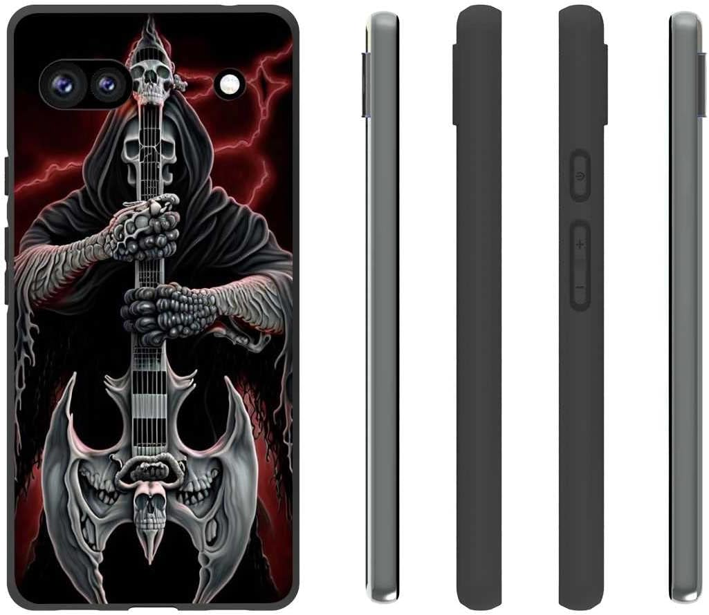 Compatible con Google Pixel 6A, funda de esqueleto de calavera y guitarra de muerte, gráfico aterrador de Halloween para Google Case hombres y