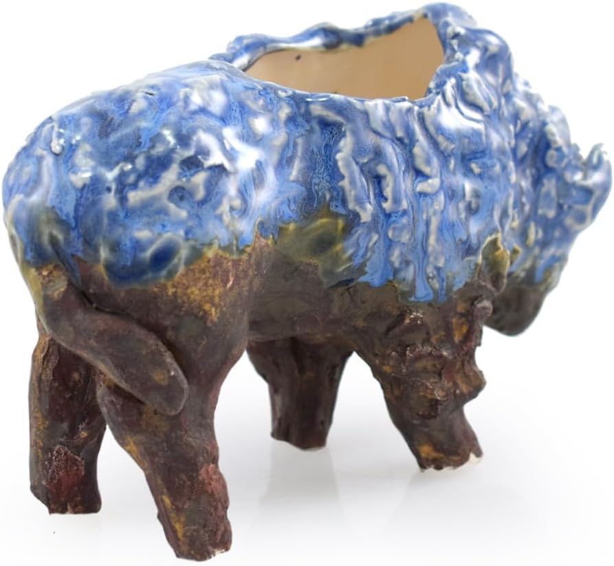 Maceta pequeña para suculentas de bisonte de cerámica, 4.75 pulgadas de alto, maceta rústica de cerámica (azul)