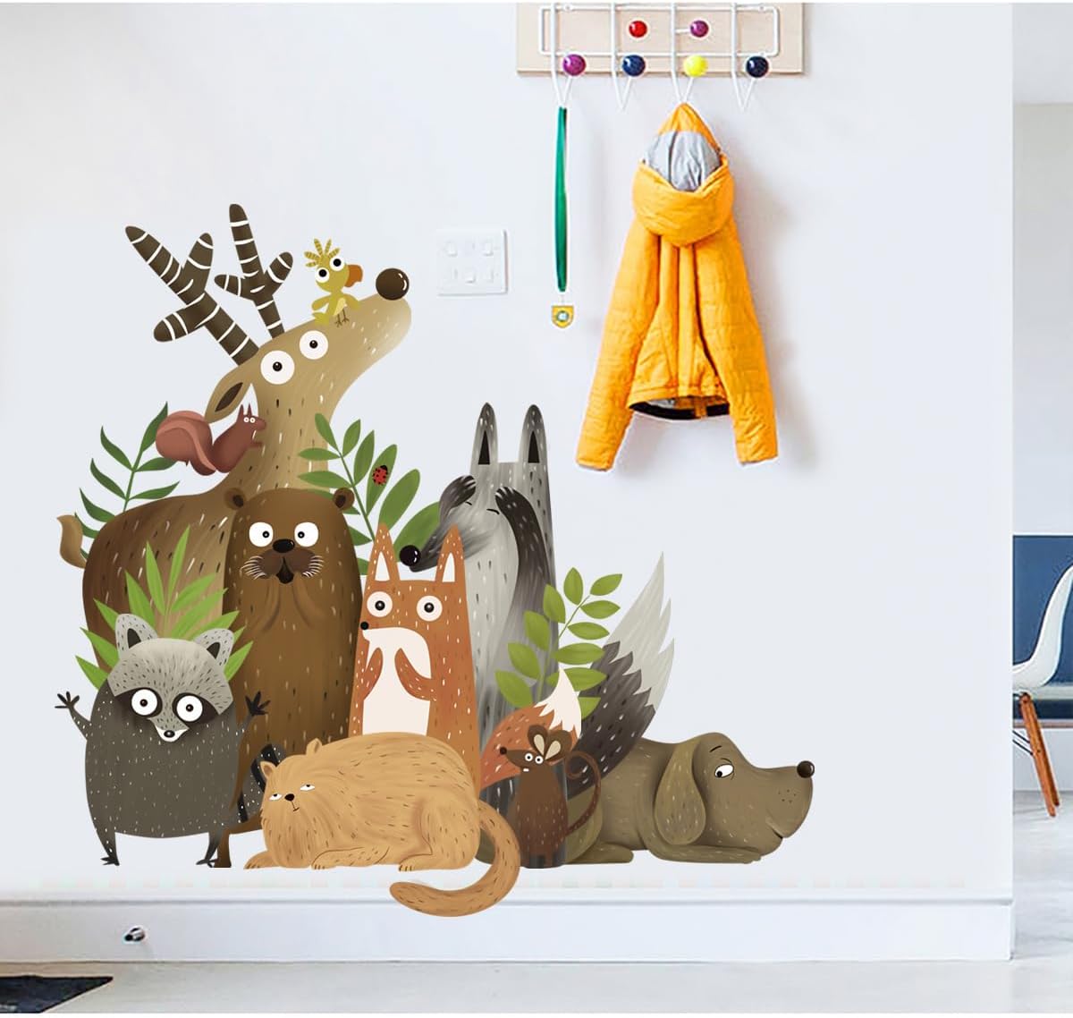 Calcomanías de pared de animales de dibujos animados, decoración de bosque encantador, selva, animales, murales de pared extraíbles, murales de