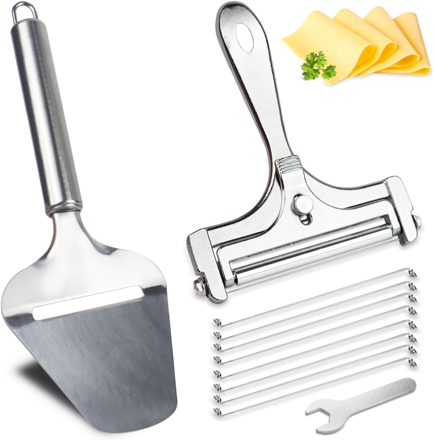 Paquete de 2 rebanadoras de queso de acero inoxidable con cortador de queso plano, cortador de queso de grosor ajustable con 8 cables adicionales