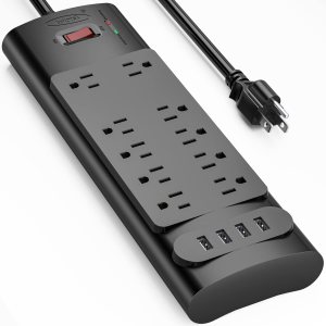 Protector de sobretensiones con 10 salidas de CA y 4 puertos USB, 1875 W15 A, 2100 julios, cable de extensión de 6 pies de largo para el hogar, Protector de sobretensiones con 10 salidas de CA y 4 puertos USB, 1875 W15 A, 2100 julios, cable de extensión de 6 pies de largo para el hogar,