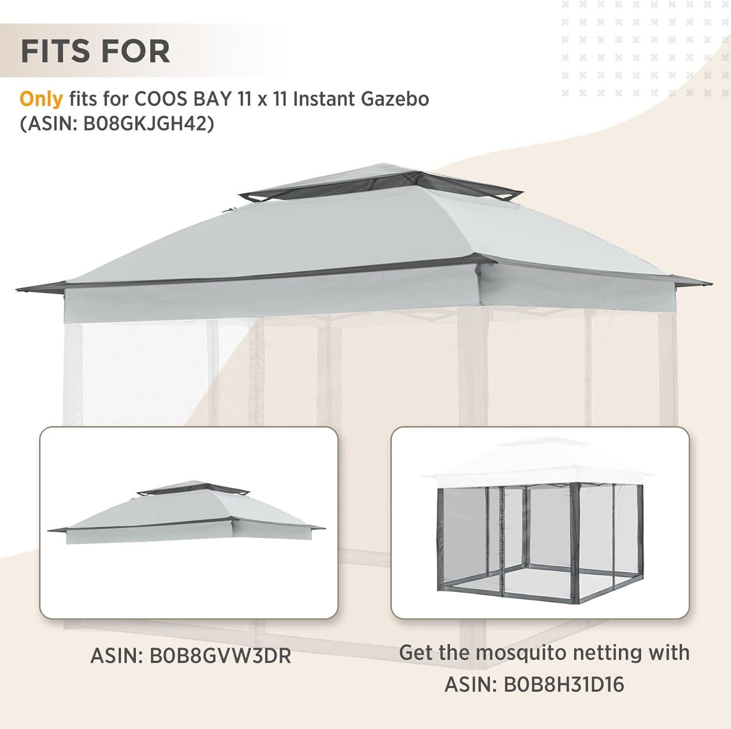 COOS BAY Toldo de repuesto de 11 x 11 pulgadas con parasol de ventilación de aire, cubierta superior de poliéster, color gris