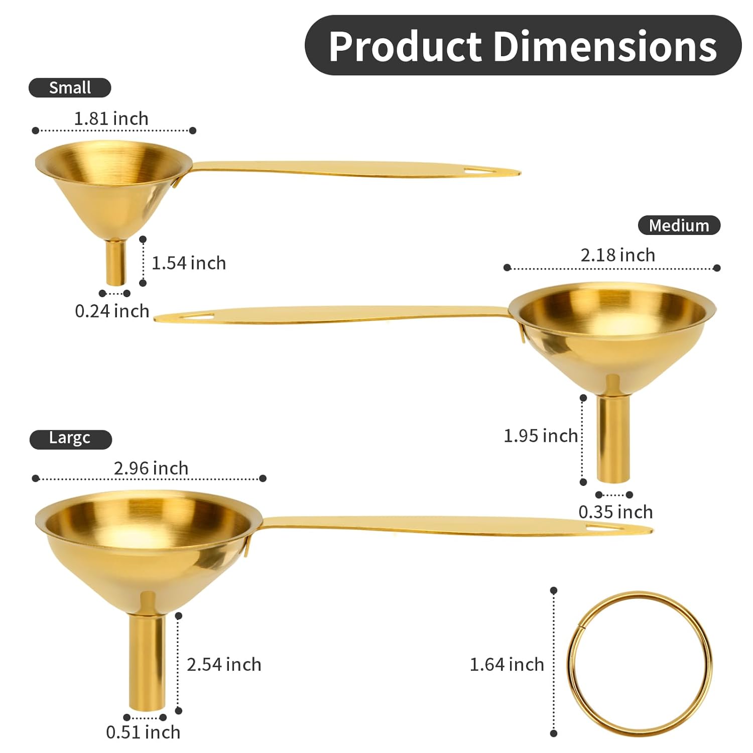 Raings Embudos pequeños para llenar botellas, juego de 3 embudos de cocina de metal de acero inoxidable con diseño de mango largo, mini embudo de