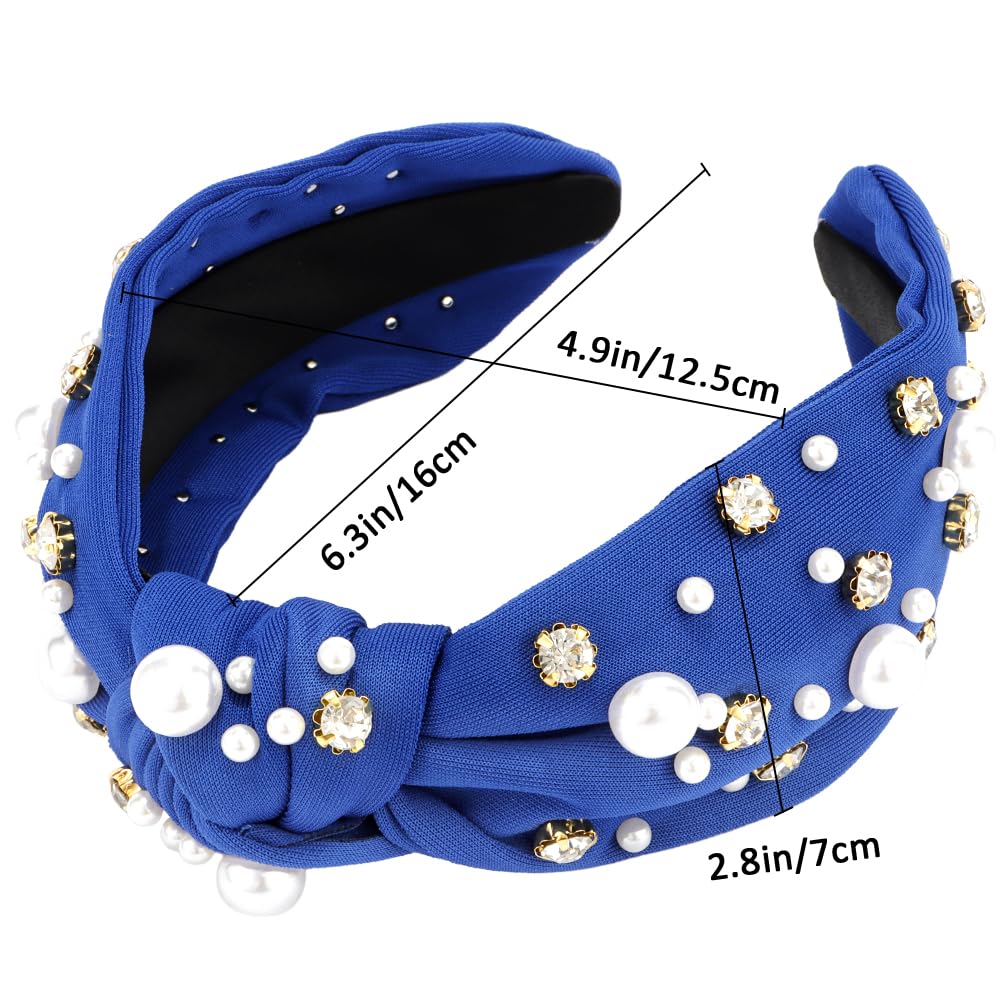 Atoden Diademas anudadas con diamantes de imitación de perlas azul real para mujer, diademas anchas con nudo superior con cuentas, bandas de cabeza