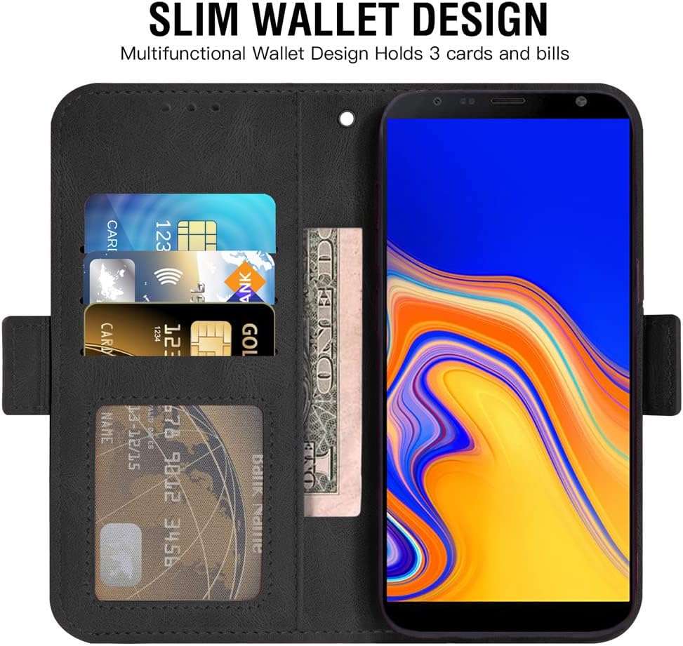 Asuwish Compatible con Samsung Galaxy J4 Plus – Funda tipo cartera y protector de pantalla de vidrio templado, soporte para tarjetas abatibles,