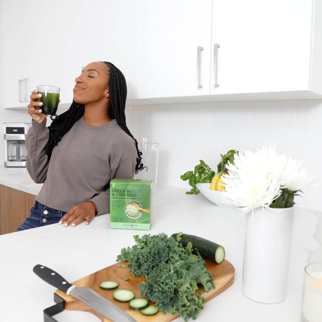 FINE USA Jugo de hierba de cebada verde en polvo con semillas de chía de Japón  Mezcla de verduras con col rizada, aojiru, calabaza amarga