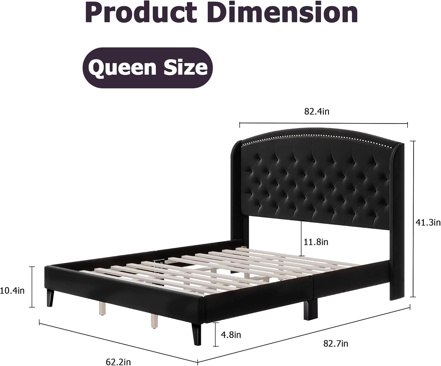 Assile Base de cama Queen con cabecera tapizada, cama de plataforma con respaldo de alas con terciopelo suave y diseño copetudo, listones de madera