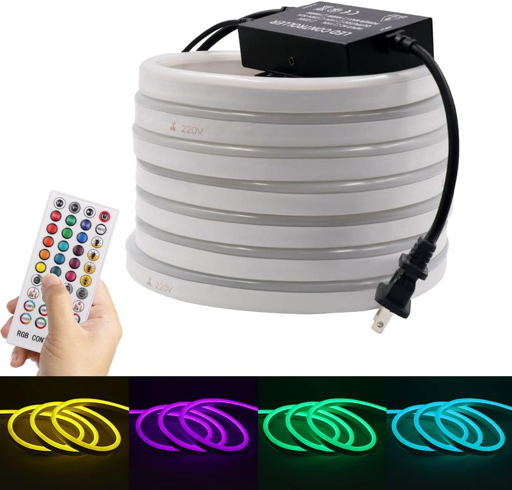 KISUFU Tira de luces LED de neón CA de 110 a 120 V, RGB 5050 SMD, multicolor, múltiples modos con control remoto de 40 teclas, cuerda de luz LED