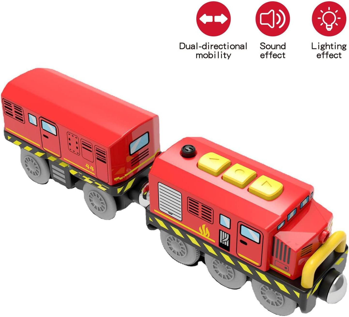 Trenes a pilas para locomotora de madera con luz y sonido para niños de 3, 4, 5 años, compatible con Thomas, Brio, Chuggington, Melissa y Doug (rojo)