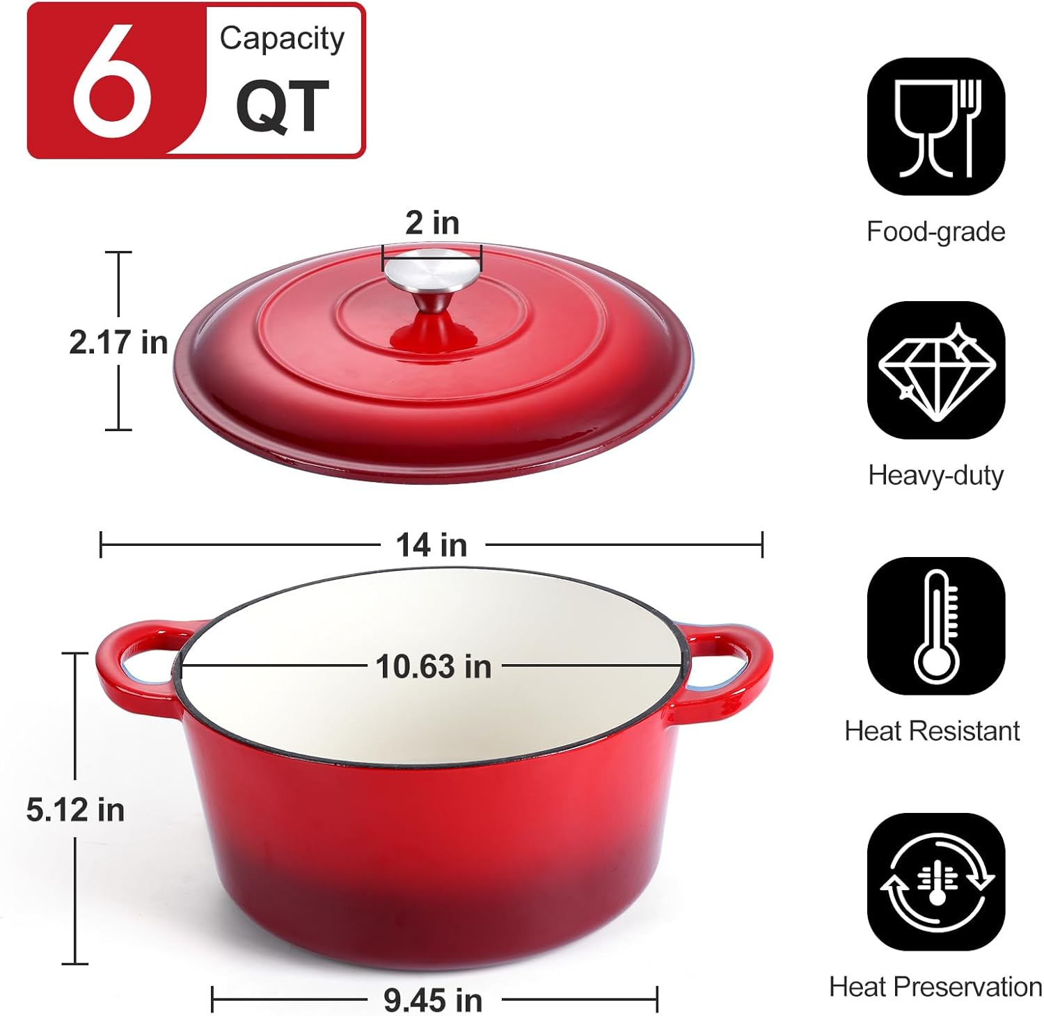 P&P CHEF – Horno holandés esmaltado de 6 cuartos de galón con tapa, olla holandesa de hierro fundido de 6 cuartos de galón, olla redonda esmaltada