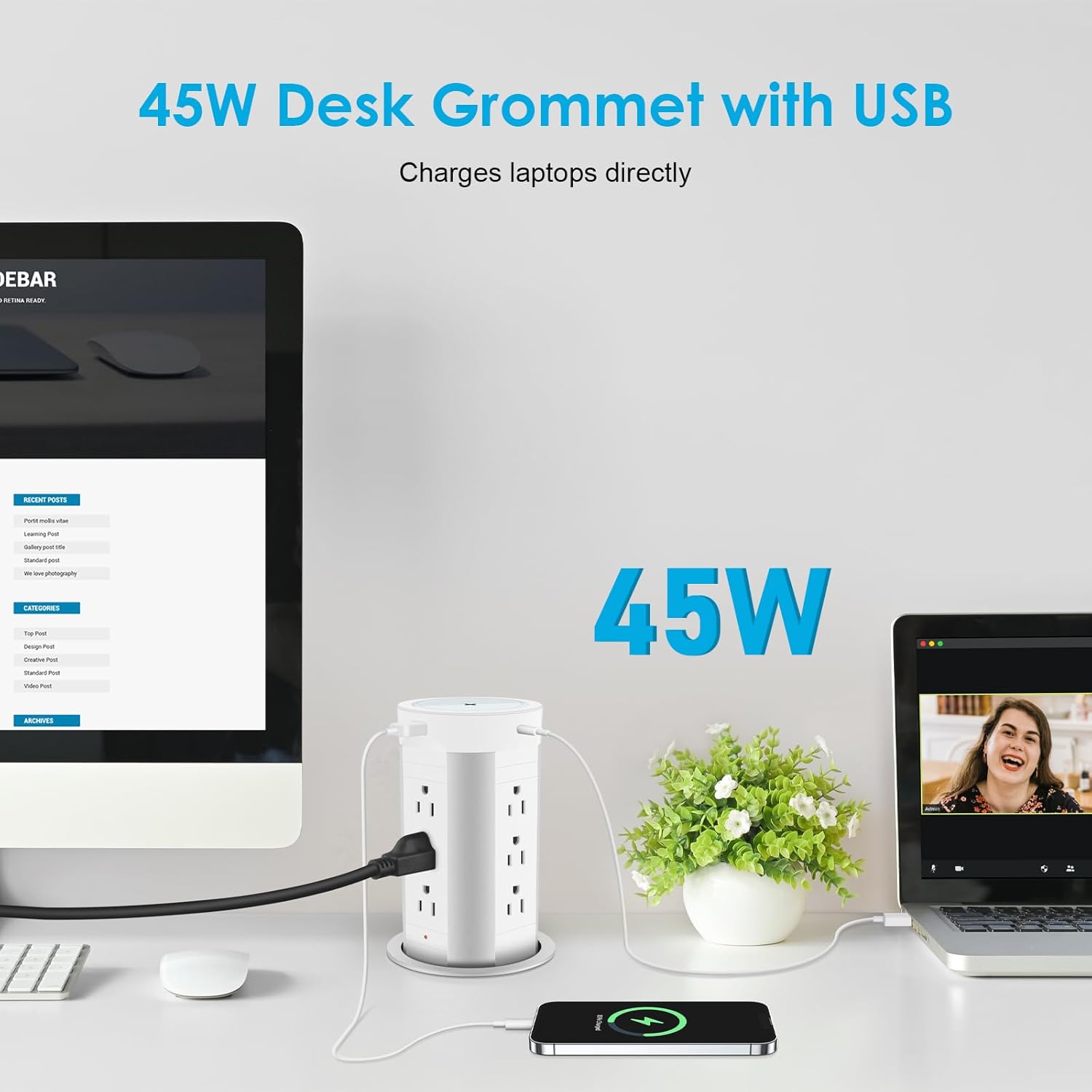 HEZI Toma de corriente desplegable para encimera con cargador inalámbrico de 15 W, entrega máxima de energía de 45 W, 12 CA, 2 USB-A y 2 USB-C,