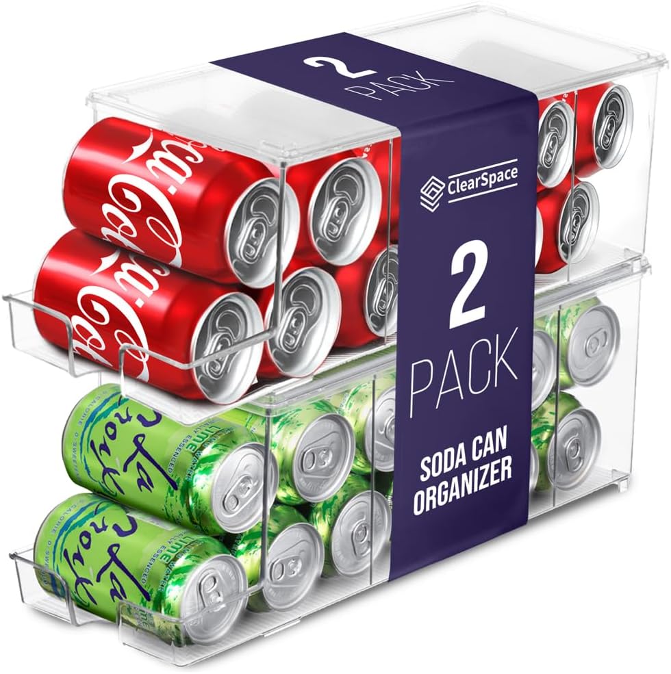 ClearSpace Organizador de latas de soda y dispensador de latas de soda para refrigerador, organizador de refrigerador y organizador apilable de