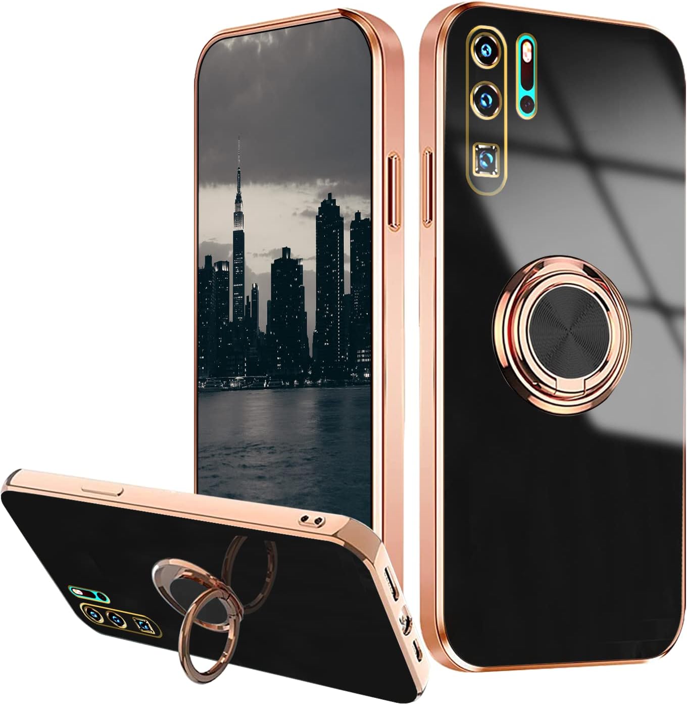 Compatible con Huawei P30 Pro Case Ring Holder Magnet Green, Huawei P30 Pro Funda de teléfono Funda de silicona a prueba de golpes Funda delgada de
