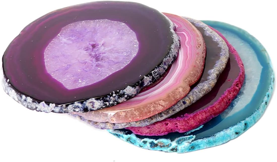 AMOYSTONE Posavasos de ágata para bebidas, posavasos de piedra de cristal, geoda, decorativo, morado, regalos antideslizantes, juego de 4, 3-3.5