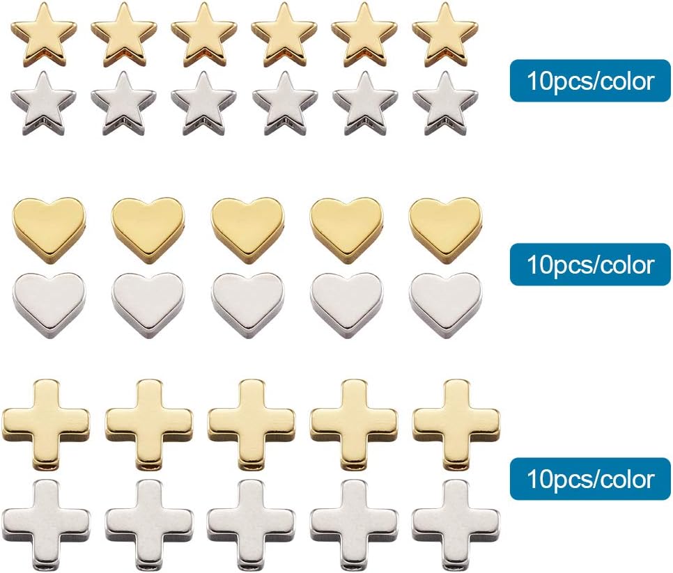 Craftdady 60 cuentas espaciadoras de estrella de crucifijo de 3 estilos, cruz y corazón, platino, oro, diminutas cuentas de latón sueltas para hacer