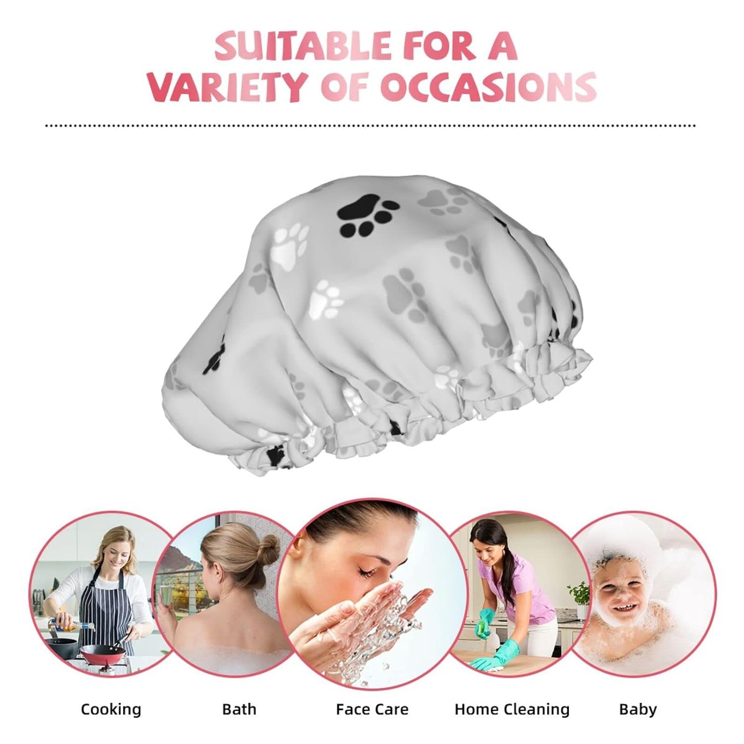 Gorro de ducha reutilizable con estampado de patas de perro para mujer, pelo largo, doble capa impermeable, gorro de ducha para niños, niñas y