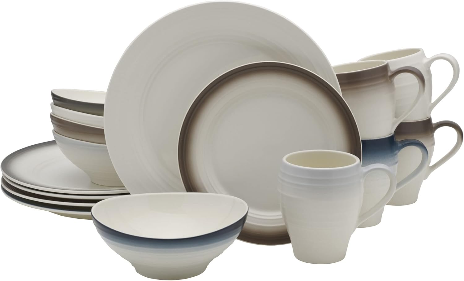 Mikasa Swirl White – Juego de 4 piezas, servicio para 1, con bandas de moca ombré