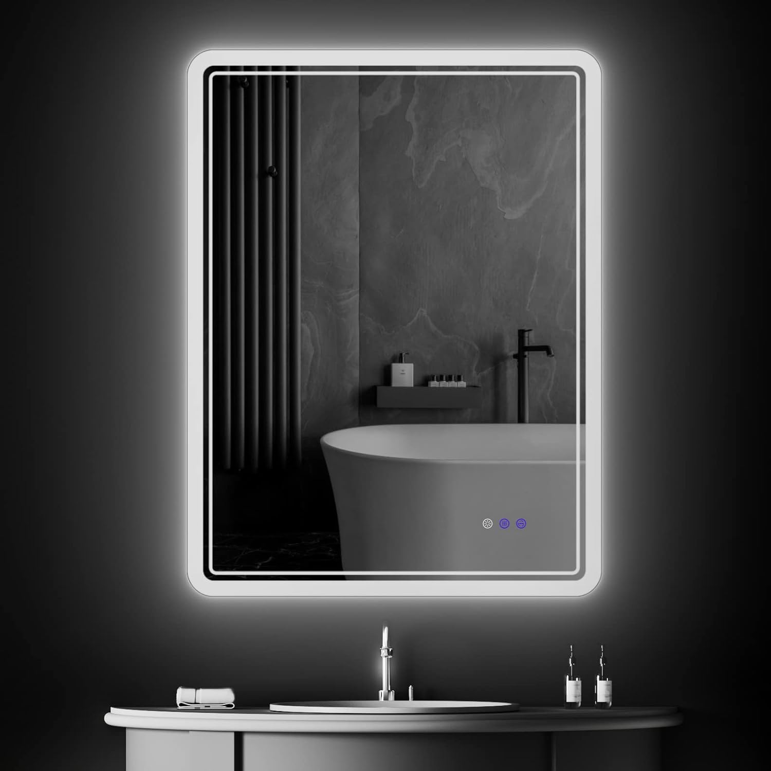CFYLO Espejo retroiluminado LED de 24 x 32 pulgadas, espejo de baño con luces, espejo LED para baño, atmósfera azul retroiluminada LED, espejo de