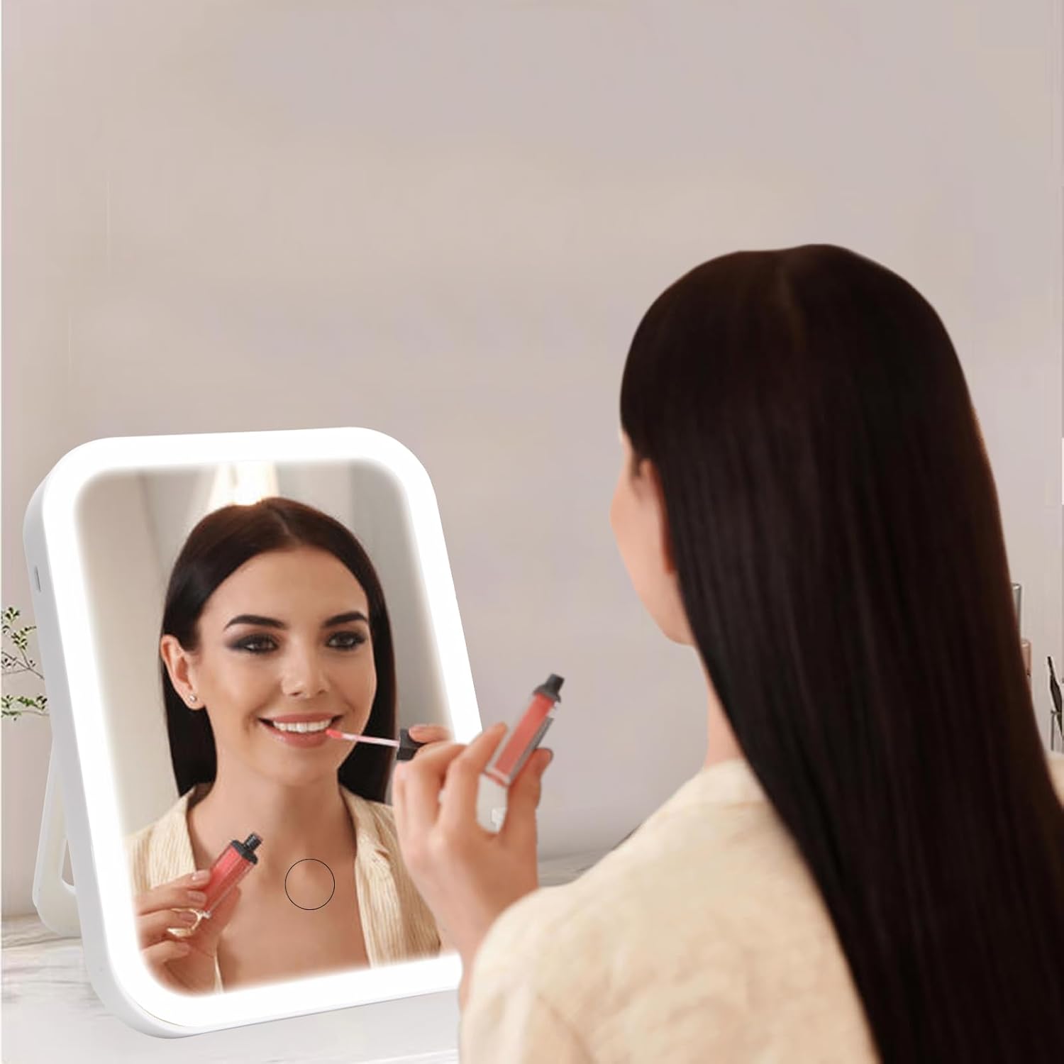Nerien Espejo de maquillaje con luces, espejo de tocador iluminado, pantalla táctil regulable, espejo de viaje portátil con soporte en forma de U,