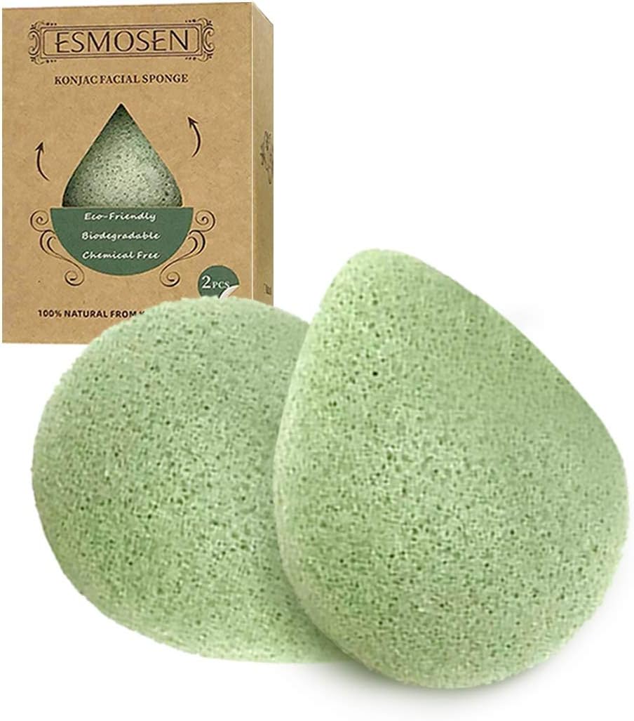 ESMOSEN 2 esponjas faciales 100% naturales de té verde konjac para limpieza profunda de la cara y exfoliación suave, seguro para pieles delicadas y